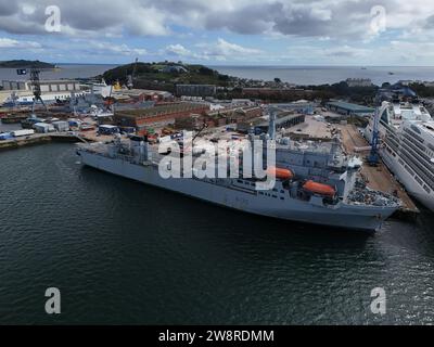RFA Argus (A135) docked at Falmouth dockyard drone,aerial Stock Photo
