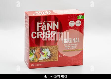 Kyiv, Ukraine - November 27, 2021: Studio shoot of Finn Crisp thin rye crispbread package closeup against white background. Stock Photo