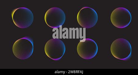 Set of gradient lighting circles isolated on black background. Vector illustration Stock Vector