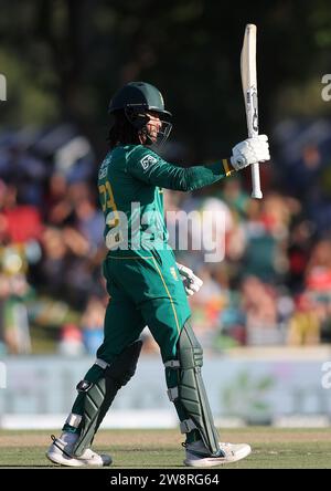 PAARL, SOUTH AFRICA - DECEMBER 21: Tony de Zorzi of South Africa celebrates reaching his fifty during the 3rd One Day International match between South Africa and India at Boland Park on December 21, 2023 in Paarl, South Africa. Photo by Shaun Roy/Alamy Live News Stock Photo