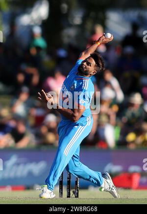 PAARL, SOUTH AFRICA - DECEMBER 21: Mukesh Kumar of India sends down a delivery during the 3rd One Day International match between South Africa and India at Boland Park on December 21, 2023 in Paarl, South Africa. Photo by Shaun Roy/Alamy Live News Stock Photo