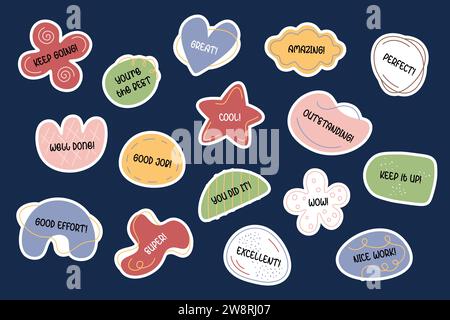 Motivational and encouraging stickers pack. Good job, great, well done, excellent. School reward labels, encouragement signs. Educational stickers Stock Vector