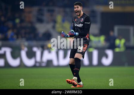 Milan, Italy. 20 December 2023. Federico Ravaglia of Bologna FC celebrates during the Coppa Italia football match between FC Internazionale and Bologna FC. Credit: Nicolò Campo/Alamy Live News Stock Photo