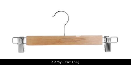 Empty wooden hanger with clips isolated on white Stock Photo