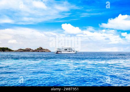 Cruise boat near the Similan Islands in Thailand - most famous islands with paradise views, snorkeling and diving spots Stock Photo