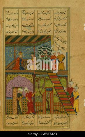 Yar Muhammad al-Haravi - Fitnah Carrying the Ox Upstairs to Bahram Gur. Stock Photo