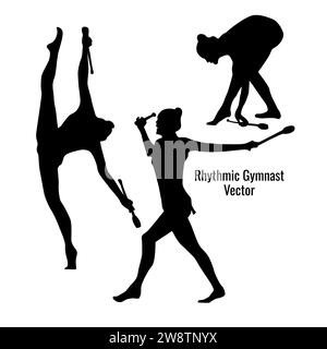 collection of black rhythmic gymnast vector silhouettes, beautiful female rhythmic gymnast logo. vector Stock Vector