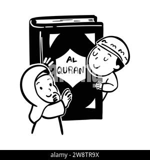 Doodle of a holy Quran with Muslim boy and girl. Islamic holy day Ramadan Kareem and Eid Mubarak concept isolated on white background. Doodle Vector I Stock Vector