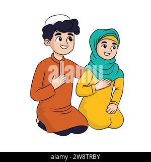 A happy Muslim couple, man and woman isolated on white background. Cartoon scene of handsome and smiling, design for Ramadan concept, flat vector illu Stock Vector