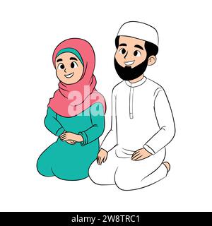 A happy Muslim couple, man and woman isolated on white background. Cartoon scene of handsome and smiling, design for Ramadan concept, flat vector illu Stock Vector