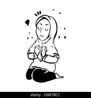 Muslim female doing prayer. Prayers in congregation. Muslim man prays in white clothing, isolated cartoon flat vector illustration. Stock Vector
