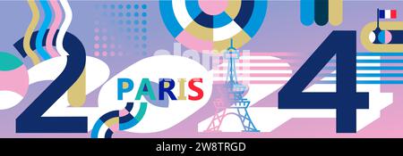 paris themed 2024 vector banner design. Abstract celebratory geometric decoration, pink, white, dark blue, turquoise, suitable for French national day Stock Vector