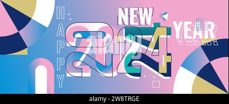 happy new year 2024. geometric banner template with colorful logo 2024 pink, white, dark blue, turquoise. modern style Stock Vector
