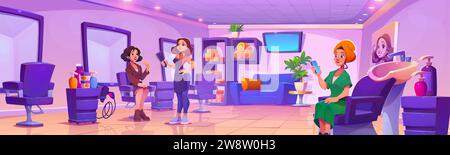 Women in beauty salon with furniture and equipment. Cartoon vector female hairdresser and clients in parlor with armchair and mirror, silk to wash hair and sofa, cabinet with dryer and cosmetics. Stock Vector