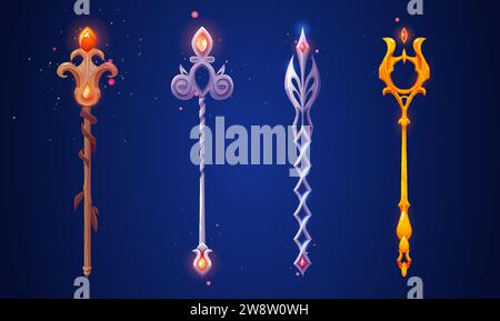 Set of magic wizard staffs isolated on background. Vector cartoon illustration of wooden, silver, golden sticks decorated with yellow gemstone crystals, shimmering particles sparkling, sorcerer tool Stock Vector