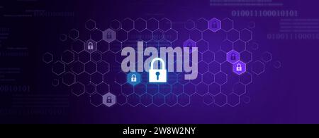 A glowing padlock is positioned in the center of vibrant purple color background. Numeric digits and hexagon frame are scattered across the canvas. Stock Photo