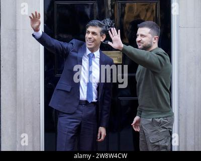 PA REVIEW OF THE YEAR 2023 File photo dated 08/02/23 - Ukrainian President Volodymyr Zelensky outside 10 Downing Street, London, ahead of a bilateral meeting with Prime Minister Rishi Sunak during his first visit to the UK since the Russian invasion of Ukraine. Issue date: Friday December 22, 2023. Stock Photo
