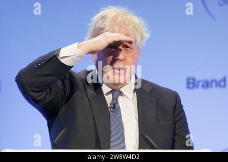 PA REVIEW OF THE YEAR 2023 File photo dated 02/03/23 - Former prime minister Boris Johnson speaks during the Global Soft Power Summit, at the Queen Elizabeth II Conference Centre, London. Issue date: Friday December 22, 2023. Stock Photo