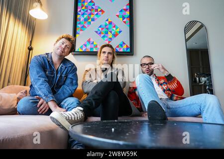 PA REVIEW OF THE YEAR 2023 File photo dated 23/03/23 - James Bourne, Charlie Simpson and Matt Willis from the band Busted, during an interview at The Londoner hotel, central London, as they announce a 20th anniversary tour and a new album of their greatest hits. Issue date: Friday December 22, 2023. Stock Photo