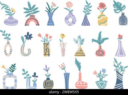Tropical leaves, foliage and flowers in ceramic vases. Modern home decor. Hand drawn abstract collection of different bouquets, flowers and foliage Stock Vector