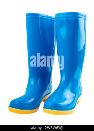 Pair of blue and yellow rubber boots isolated on white background, Saved clipping path. Stock Photo