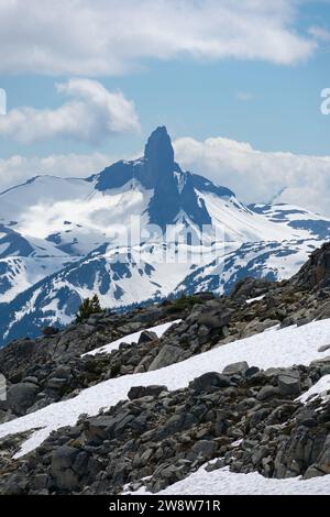 The distinctive shape of Black Tusk Mountain stands out in the rugged skyline, a breathtaking sight from the slopes of Whistler Mountain. Stock Photo