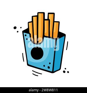 Sketch of French fries box. Hand drawn fast food illustration in doodle style. Sketch of a portion of fried potato. Colorful French fries hand drawn with felt-tip pen. Stock Vector