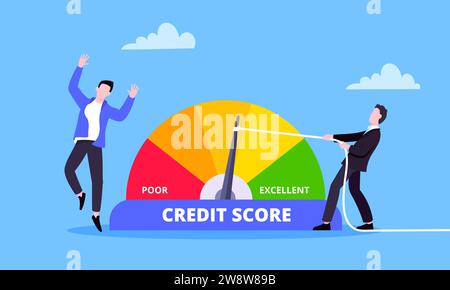 Man pushes credit score arrow gauge speedometer indicator with color levels. Measurement from poor to excellent rating for credit or mortgage loans co Stock Vector