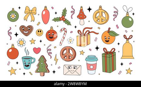 Set of Merry Christmas groovy elements. Groovy Hippie holiday collection stickers. Christmas objects in retro 70s style. Vector hand drawn illustration. Stock Vector