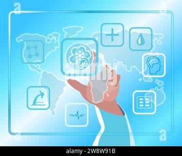 Cryotechnology in modern medicine. Doctors hand presses freeze button in futuristic interface. International research centers. World map. Vector illustration Stock Vector
