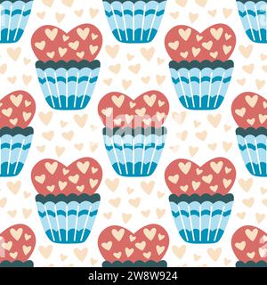 Sweet cakes with cream seamless pattern. Heart shaped cupcakes background. Romantic print with hearts and pastries, vector illustration Stock Vector