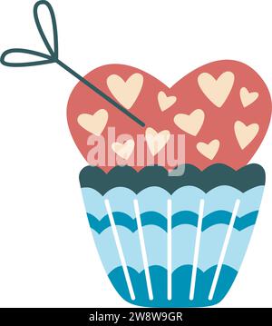 Sweet cake with cream clip art. Hand drawn cupcake in shape of heart. Romantic delicious pie with hearts and confetti, isolated vector illustration Stock Vector