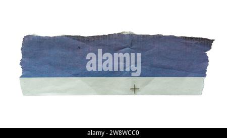 Long piece of torn newspaper with blue graphic on white background with clipping path Stock Photo