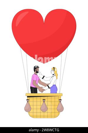 Interracial couple floating on hot air balloon 2D linear cartoon characters Stock Vector
