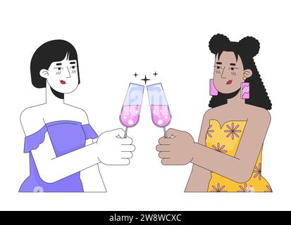 Girlfriends lesbians clinking glasses black and white 2D line cartoon