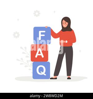 Frequently asked questions concept. Arab woman with large cubes with letters FAQ. Customer support and online help desk service. Vector illustration Stock Vector