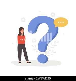 Frequently asked questions concept. Muslim woman with large question mark search for answers. Customer support and online help service. FAQ and guides Stock Vector
