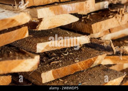 Large stack of wood planks, teak wood Stock Photo