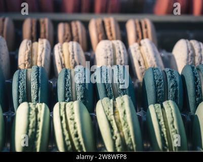 An assortment of colorful macaroons in a display box with selective focus bokeh background Stock Photo