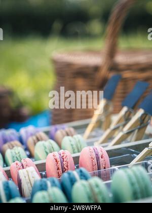 An assortment of colorful macaroons variety on display on a picnic outdoors summer, basket in the background Stock Photo