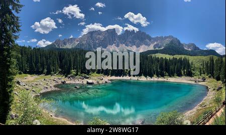 drone photo carezza lake, lago di carezza, Karersee dolomites italy europe Stock Photo