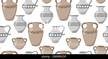 Seamless Pattern with Ancient Greek Vases and Pots Set. Ceramic Simple Vases Collection. Cartoon Vector Print. Antique Style Pottery Jars. Stock Vector