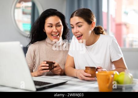 Two women having video call conversation at home Stock Photo