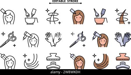 Hairdresser service color outline icons set. Editable stroke. Beauty industry. Professional hair styling. Pictograms collection for web page, mobile a Stock Vector
