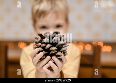 Boy holding a big pine cone in his hands, close-up Stock Photo