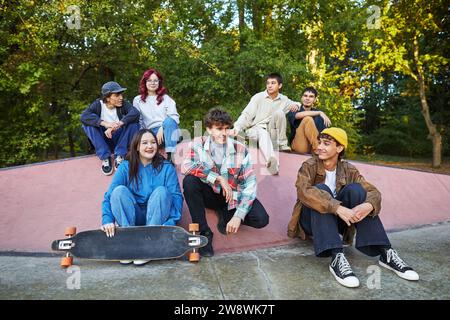 group of teenagers with a skateboard sitting in a skate park Stock Photo
