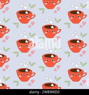 Seamless pattern with cute smiling cocoa cup and hearts. Hand drawn Valentines day design. Stock Vector