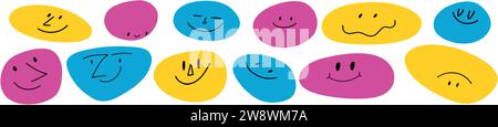 Happy face icon with smile, cheerful emojis and avatars stickers. Abstract cartoon character doodles in cute, retro style. Flat vector illustration Stock Vector