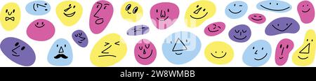 Happy face icon with smile, cheerful emojis and avatars stickers. Abstract cartoon character doodles in cute, retro style. Flat vector illustration Stock Vector