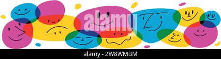 Happy face icon with smile, cheerful emojis and avatars stickers. Abstract cartoon character doodles in cute, retro style. Flat vector illustration Stock Vector
